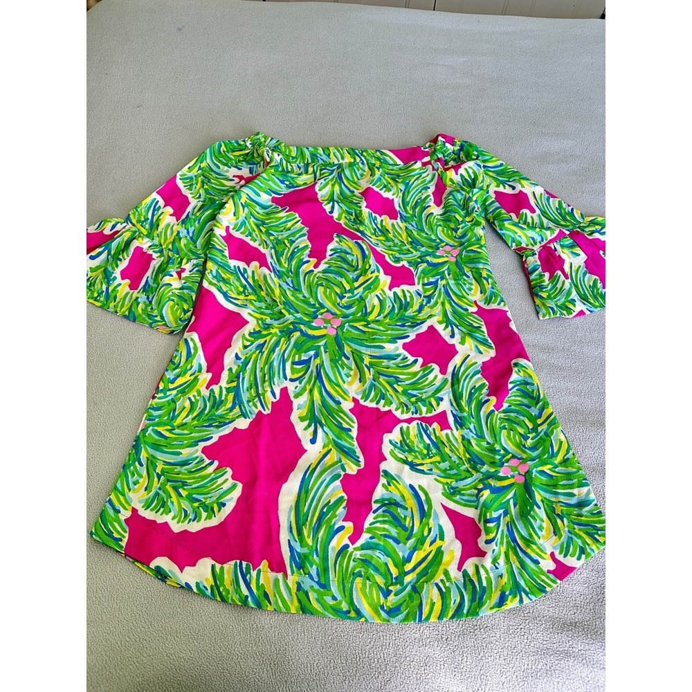 Southern Frock Dress Womens Small Tropical Floral Bell Sleeve Florida Beach Mini - Picture 4 of 8